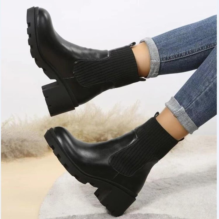 Square Toed Socks Boots Women's High Thick Heel