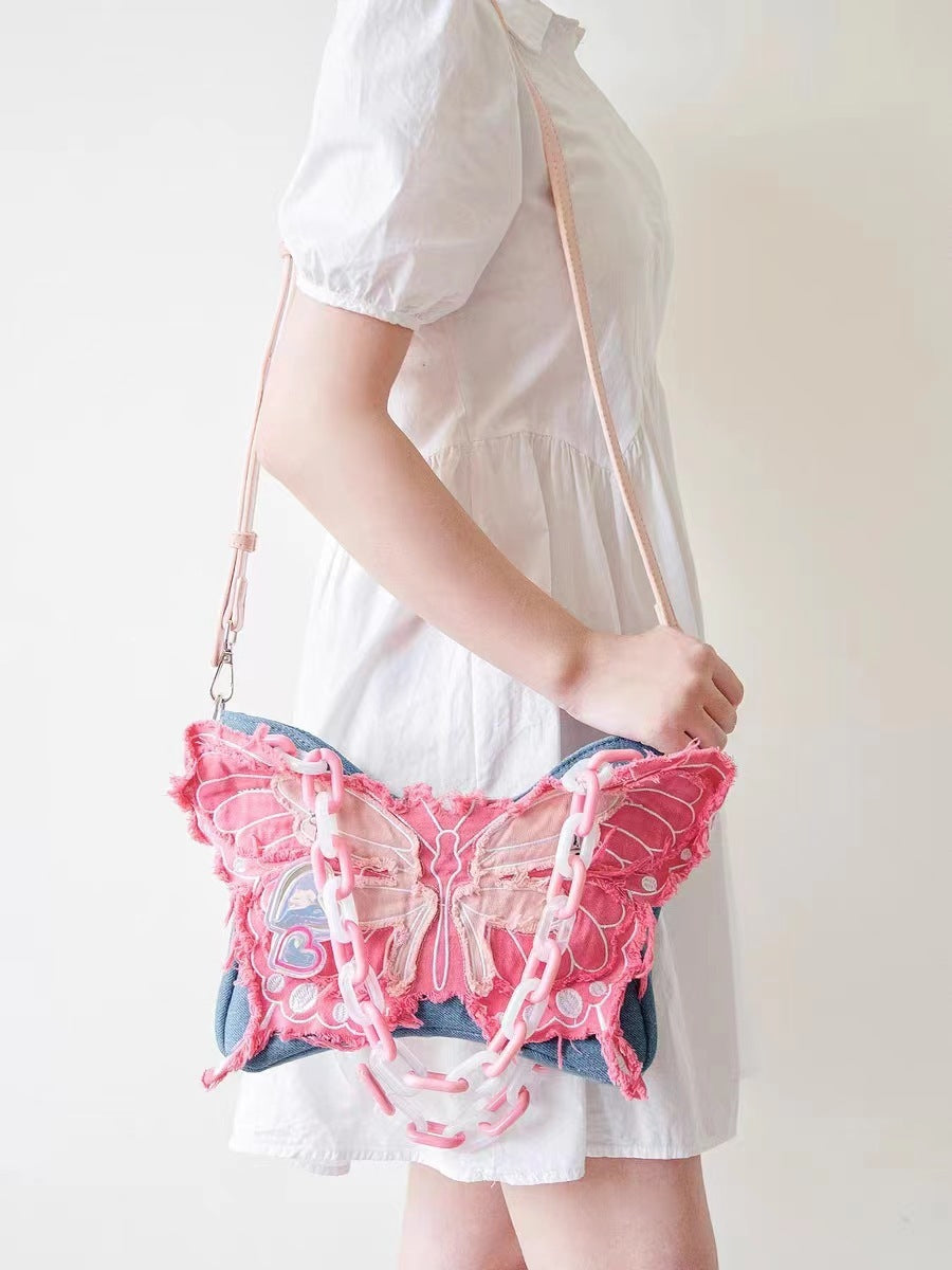 Original Design Butterfly Tassel Denim Wide Shoulder Strap Crossbody Bag