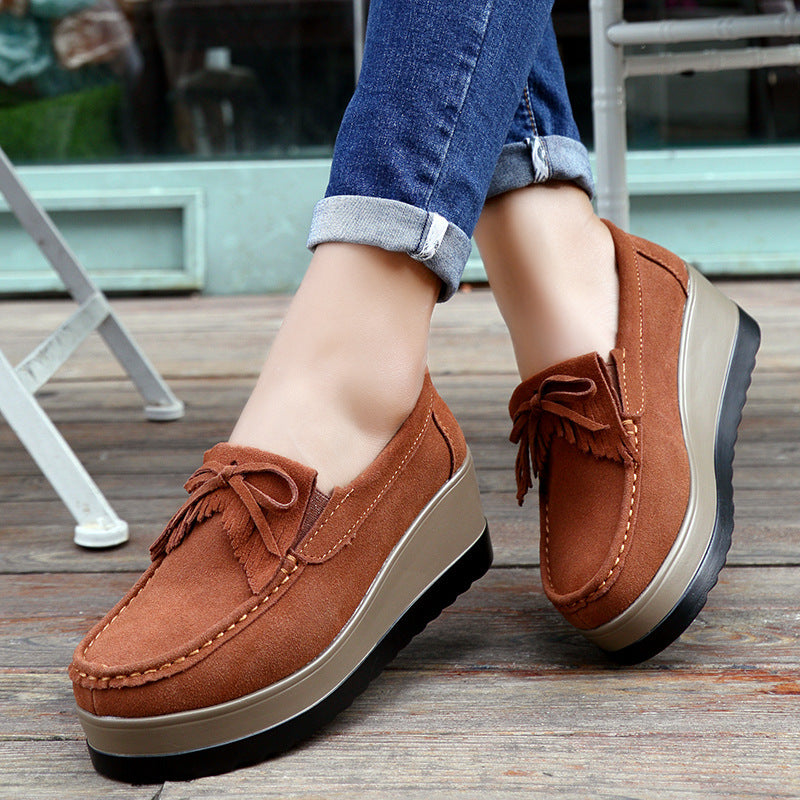 New Tassel Bow Design Shoes For Woman Fashion Thick Bottom Wedges Shoes Casual Slip On Solid Color Flats