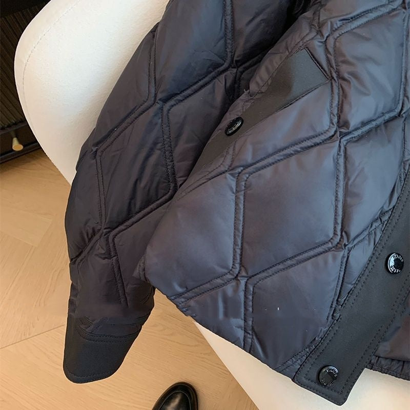 Black Rhombus Polo Collar Cotton-padded Jacket