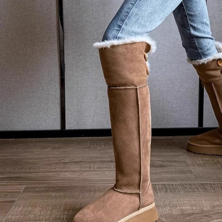 Botas largas de nieve de invierno para mujer con plataforma gruesa y forro polar de algodón por debajo de la rodilla