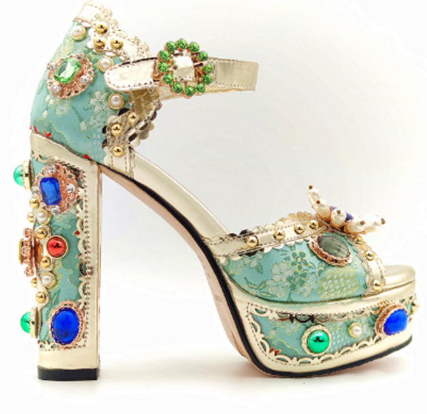 Vintage Rhinestone Leather Platform Thick Heel Baroque Fish Mouth Women's Sandals