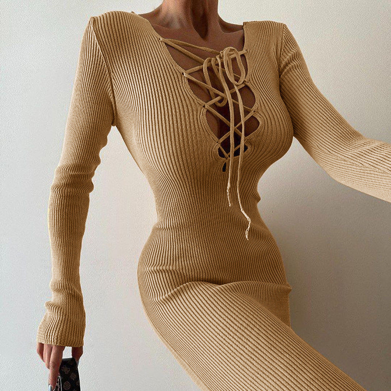 Elegant Wool Reverse Hollow Thin Belt Slim Dress