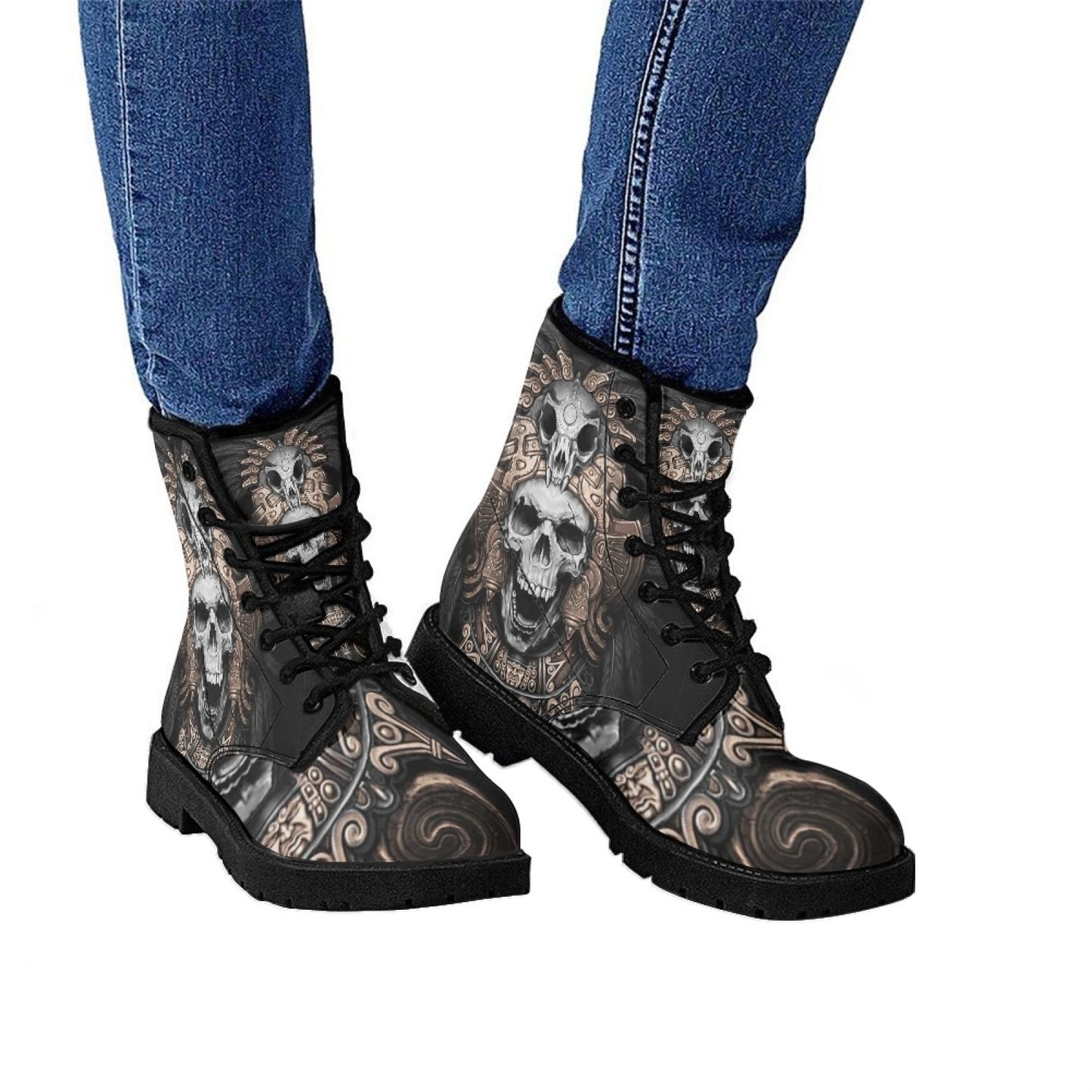 Printed Women's Leather Flat Bottom Low Heel British Martin Boots