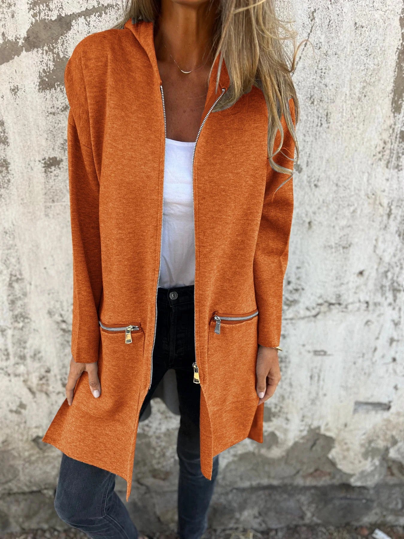 Chaqueta con capucha y cremallera informal de color sólido para otoño e invierno