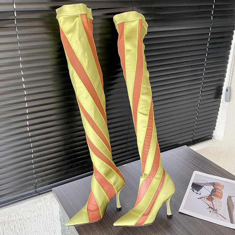 Pointed High Heel Elastic Thread Stitching Mesh Long Tube Over The Knee Boots