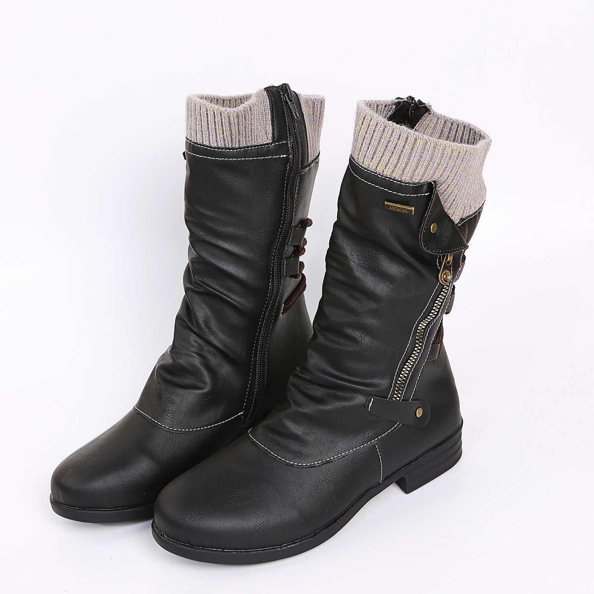 New Autumn And Winter Large Size Woolen Edge Round Head Side Zipper Women's Leather Boots