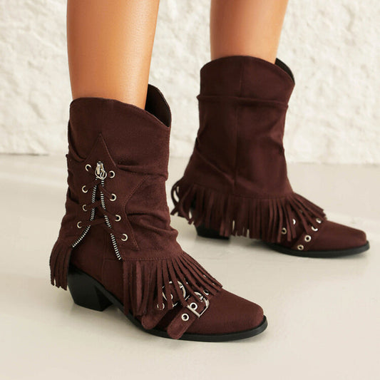 Female Boots Fleece-lined Tassel Buckle Pleated