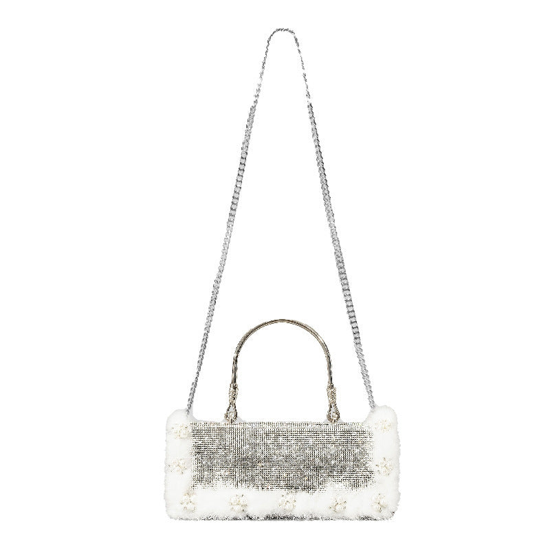 Ostrich Fur Pearl Rhinestone Bag Women's New