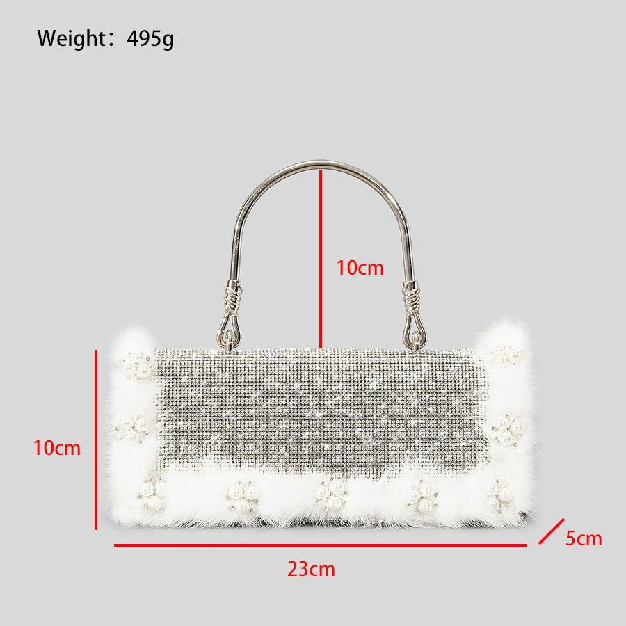 Ostrich Fur Pearl Rhinestone Bag Women's New