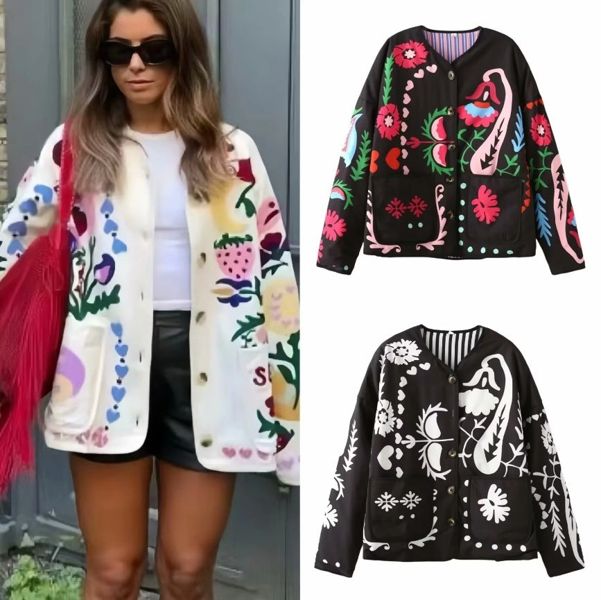 Printed Pocket Cotton Jacket Women