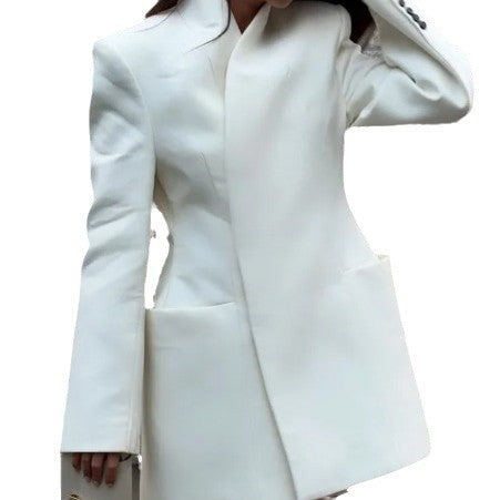 Chaqueta de traje elegante blanca con hombros acolchados y solapa para mujer