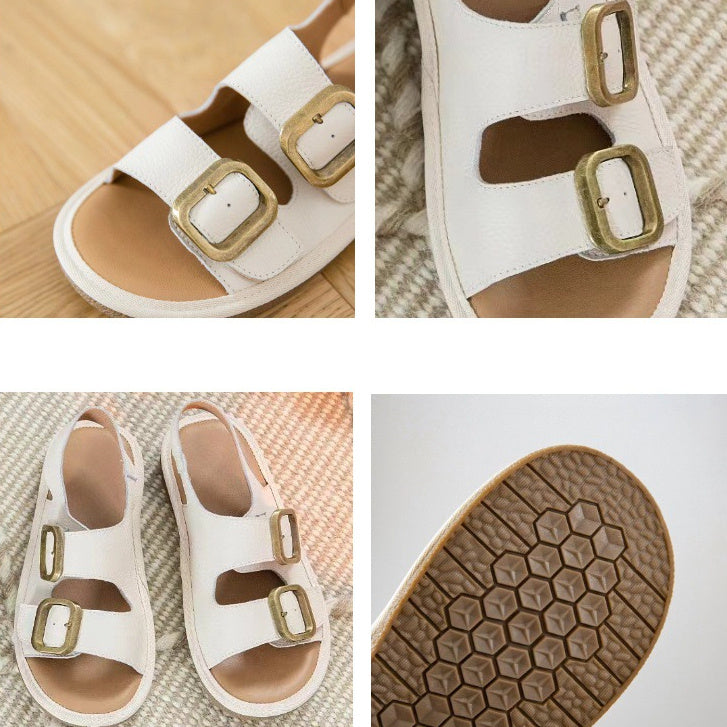 Women's Flat Cool First Layer Cowhide Soft Bottom Belt Buckle Beach Outer Wear Ankle-strap Sandals