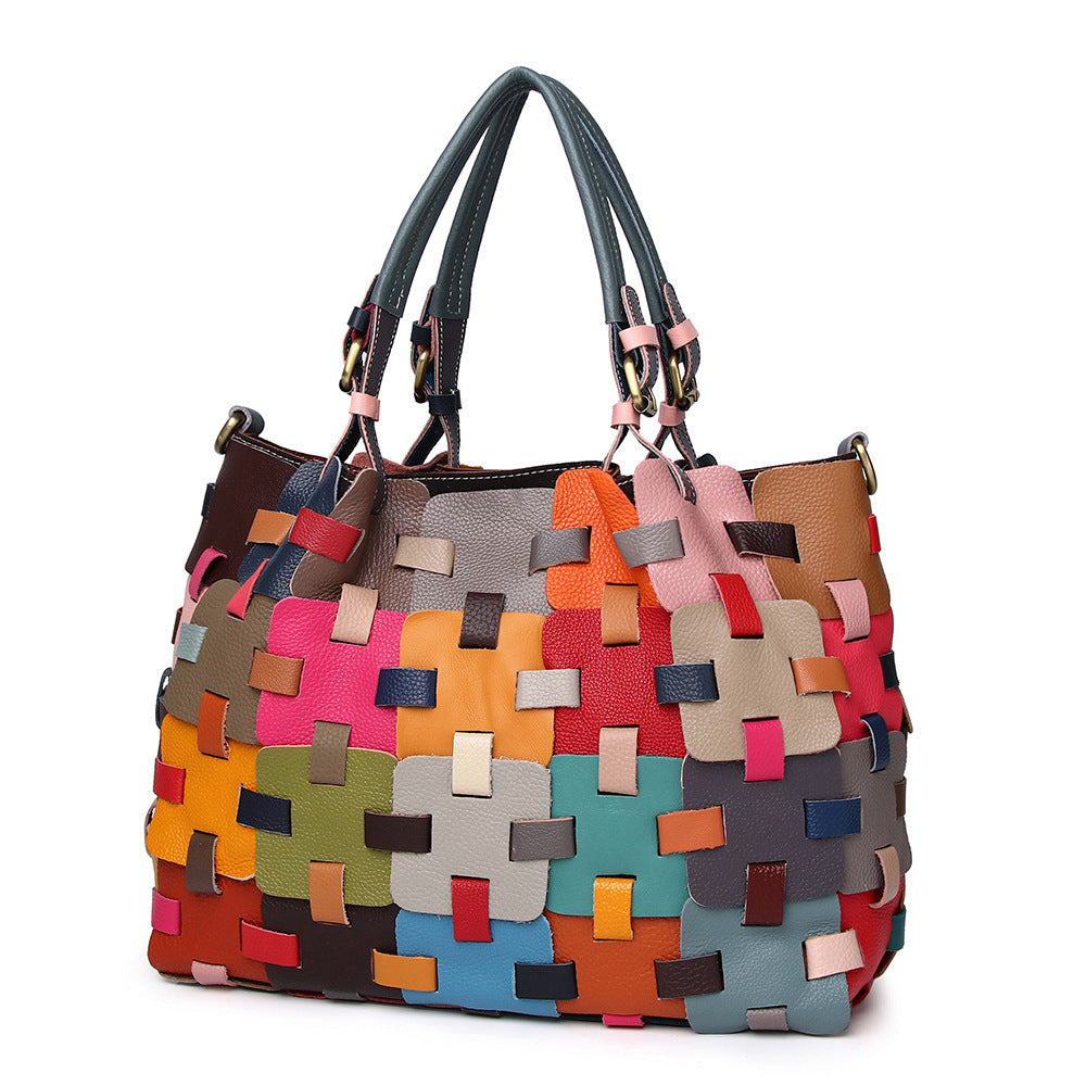 First Layer Cowhide Multi-color Blocks Handbag