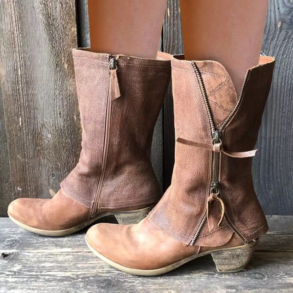 Botas de cuero hasta media pantorrilla con cremallera lateral informales de moda para mujer