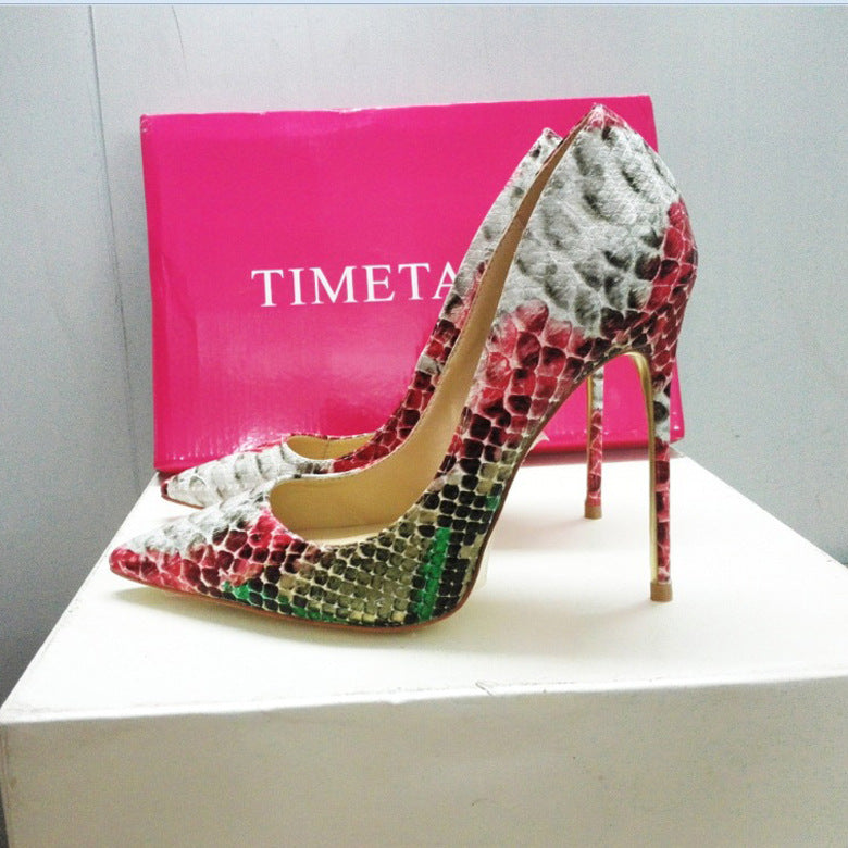 Pointed Snake Pattern Low-cut High Heels