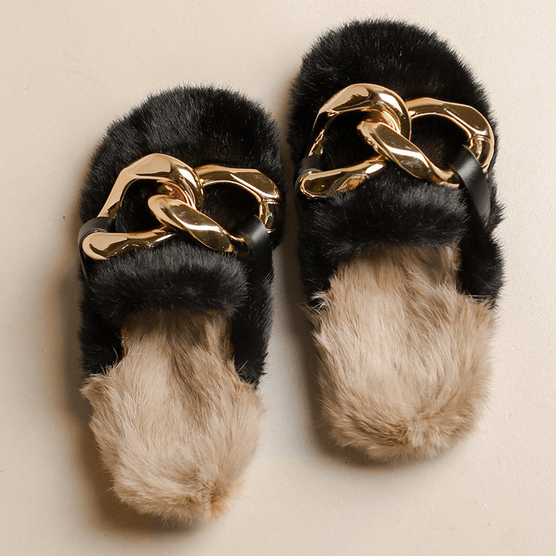 Women's Fashion Outerwear Fleece-lined Mink Fur Platform Slippers