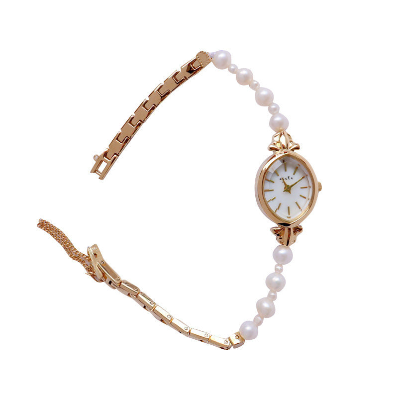 Reloj de pulsera con correa de perla de agua dulce natural, exquisito reloj de cuarzo para mujer