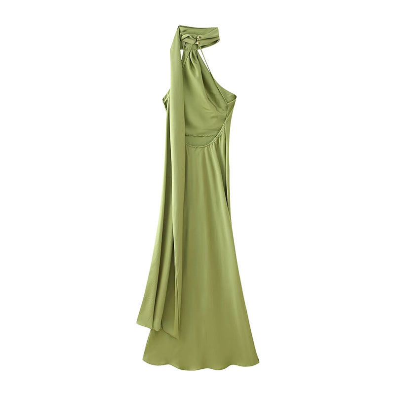 Fashion Solid Color Silk Satin Texture Ribbon Halter Dress