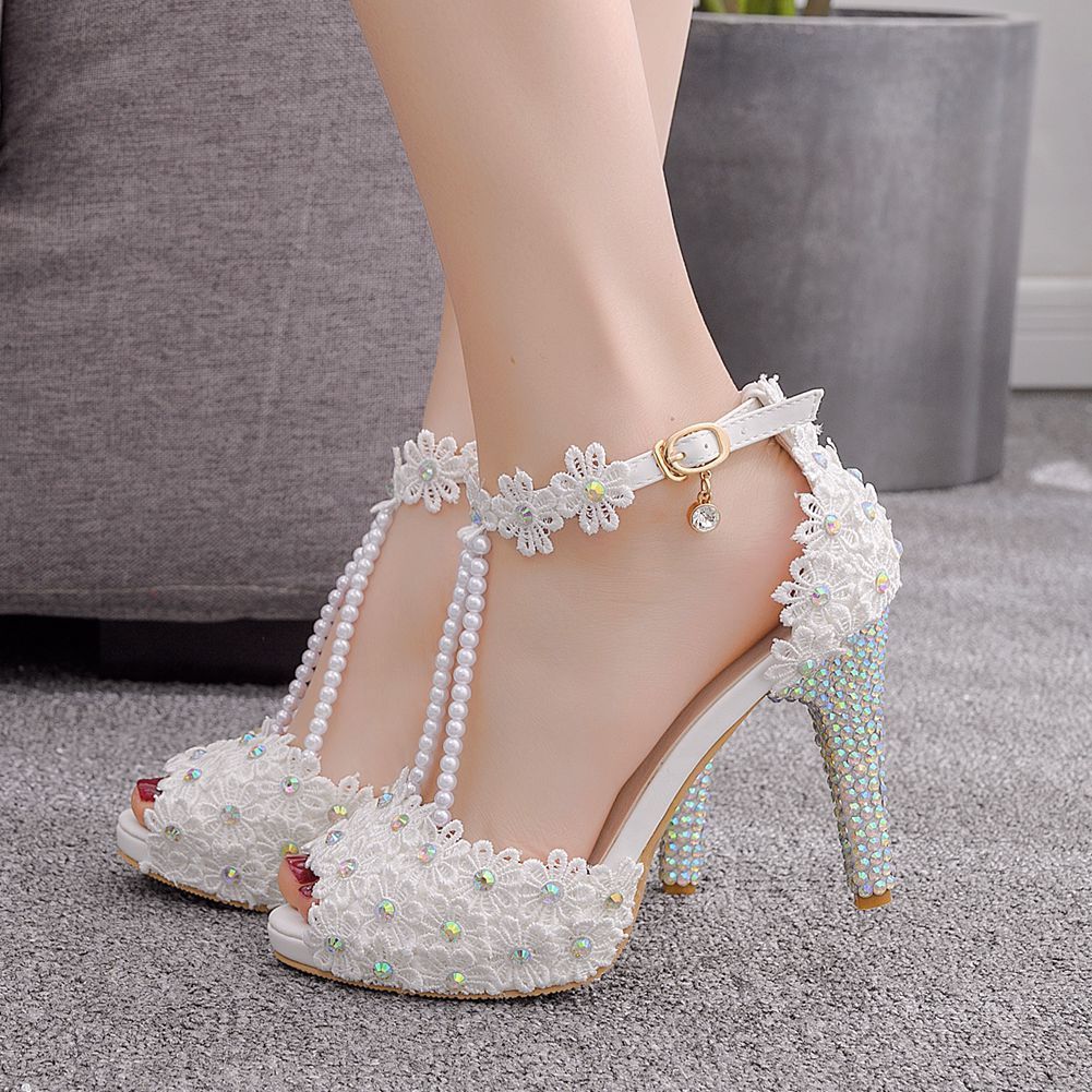 Peep Toe Beaded Rhinestone Platform High Heel Sandals