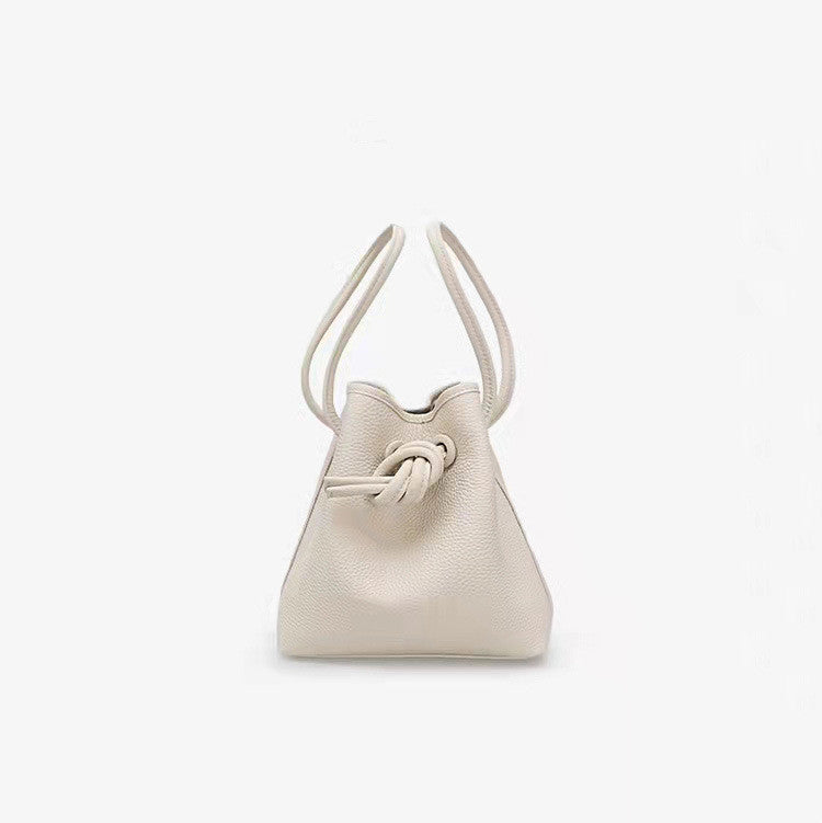 Niche Lychee Grain Top Layer Cowhide Bucket Bag With Drawstring