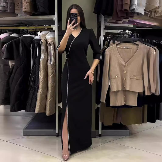 Long Sleeve V-neck Rhinestone Slim Fit Slit Dress