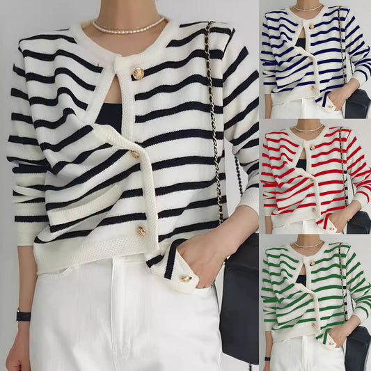 Black And White Striped Knitted Cardigan Jacket