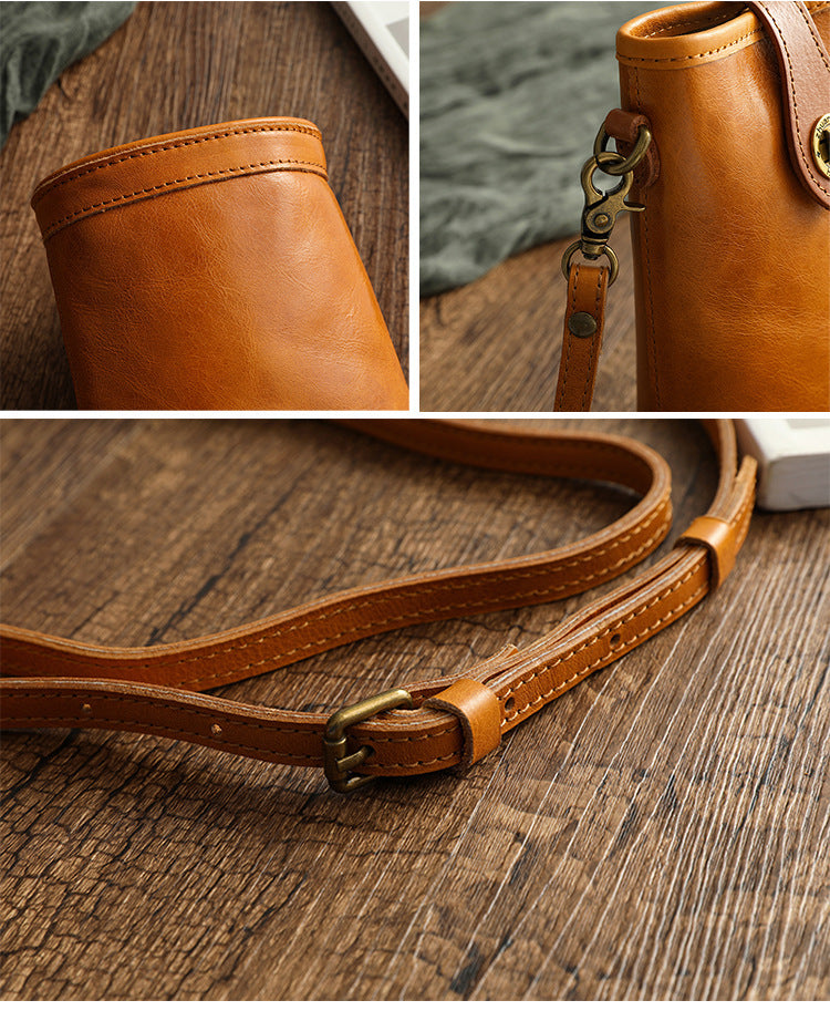 Original Mobile Phone Bag Vegetable Tanned Oil Wax Cowhide Round Barrel Small Bag