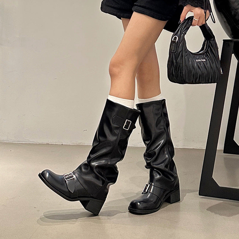 Below The Knee Long Boots Female Chunky Heel Round Head