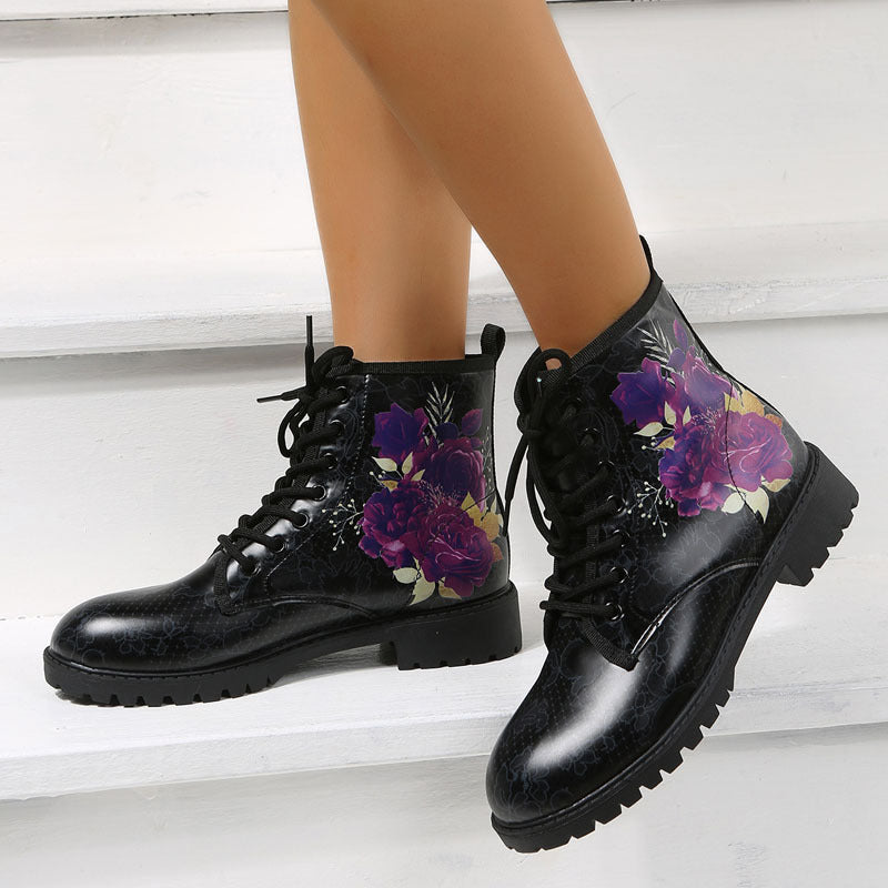 Autumn Casual Lace Up Ankle Boots Round Head Chunky Heel Boots