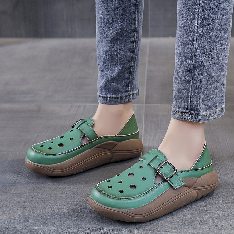 Retro Color Matching Hollow Out Sandals Women's Shoes Two-way Hole Shoes Casual Pumps Platform