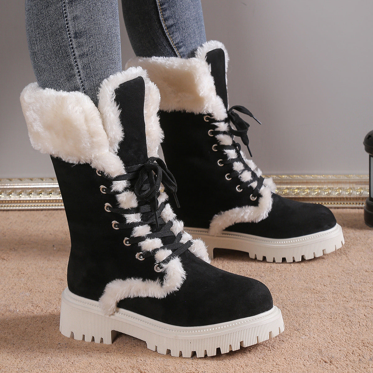 Plus Size Furry Warm Slugged Bottom Middle Women's Snow Boots