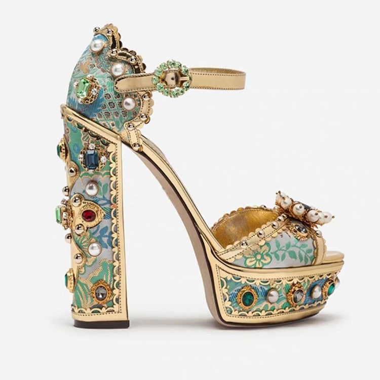 Vintage Rhinestone Leather Platform Thick Heel Baroque Fish Mouth Women's Sandals