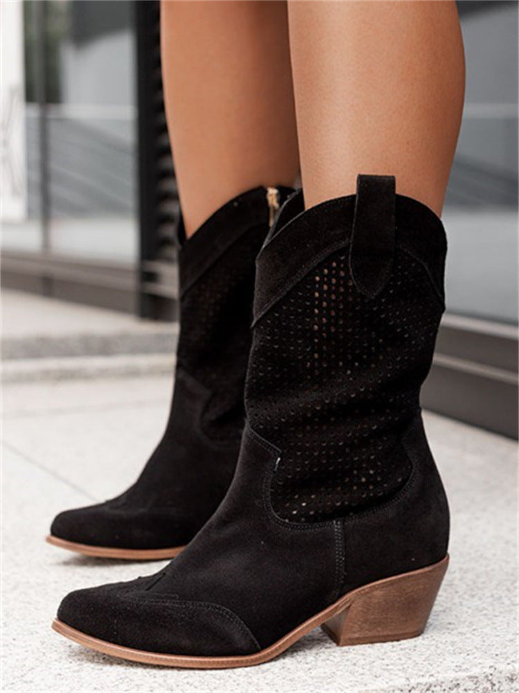 Mid-heel Burnt-out Suede Low-cut Women's Boots