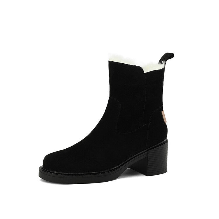 Round Head Medium Thick Heel Side Zipper Short Boots