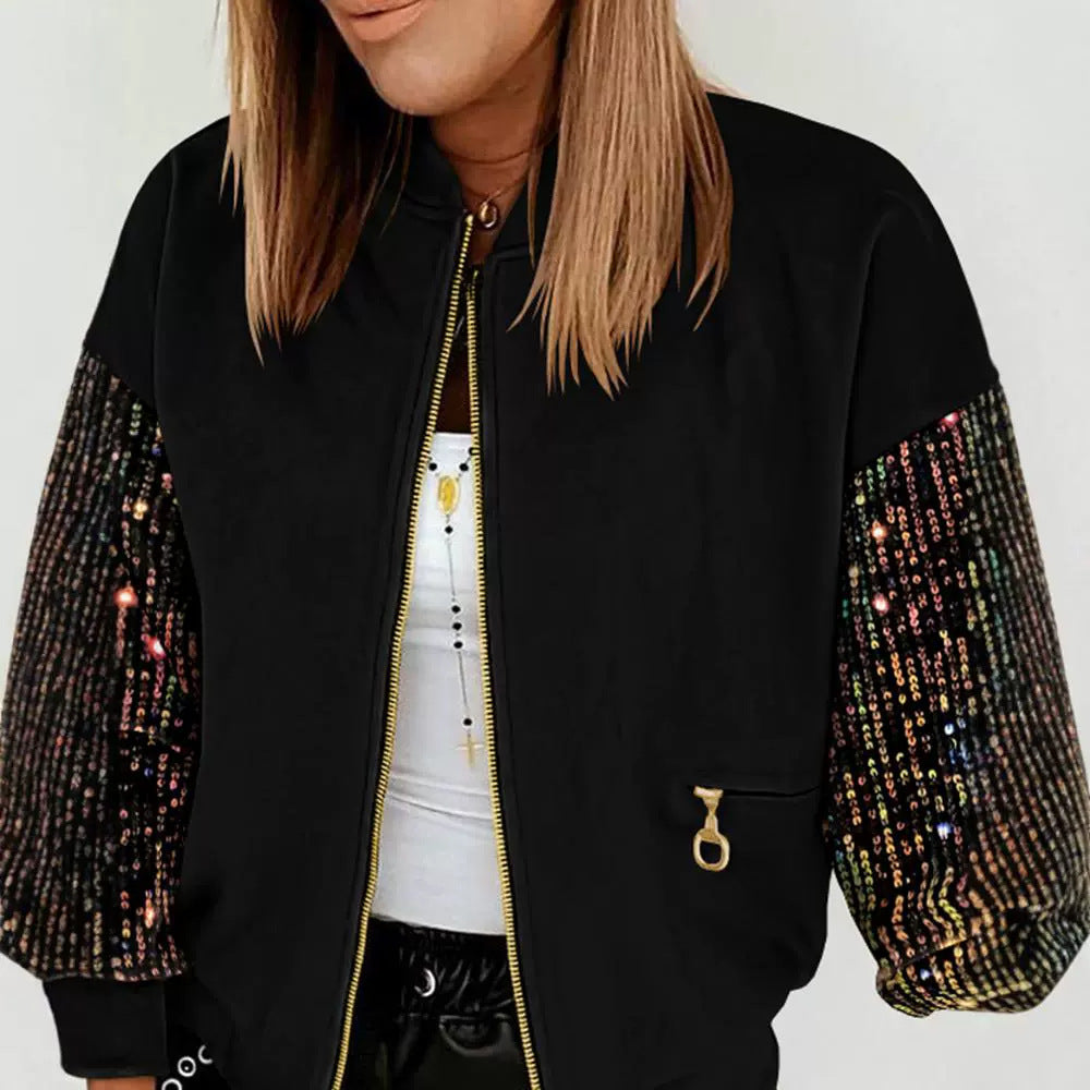 Women's New Colorful Sequin Stitching Long-sleeved Coat