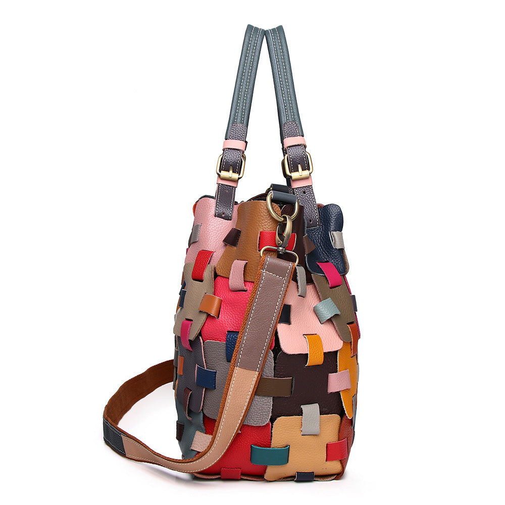 First Layer Cowhide Multi-color Blocks Handbag