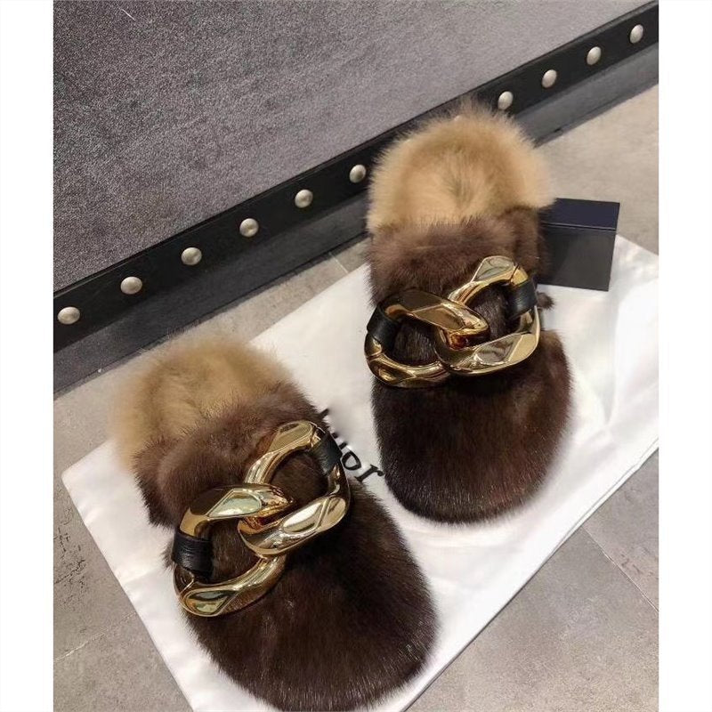 Women's Fashion Outerwear Fleece-lined Mink Fur Platform Slippers