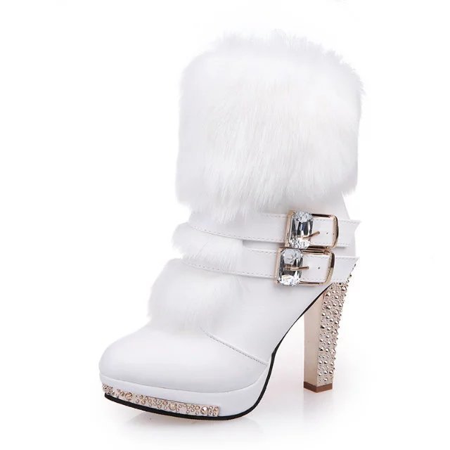 Chunky Heel High Heel Mid-calf Leather And Fur Integrated Rhinestone Women's Boots