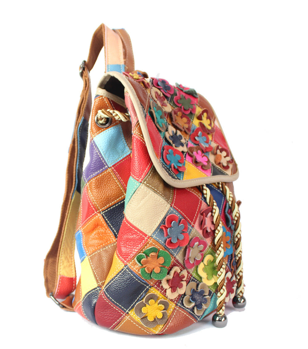 Women's Fashion Casual Rhombus Color Matching Leather Backpack