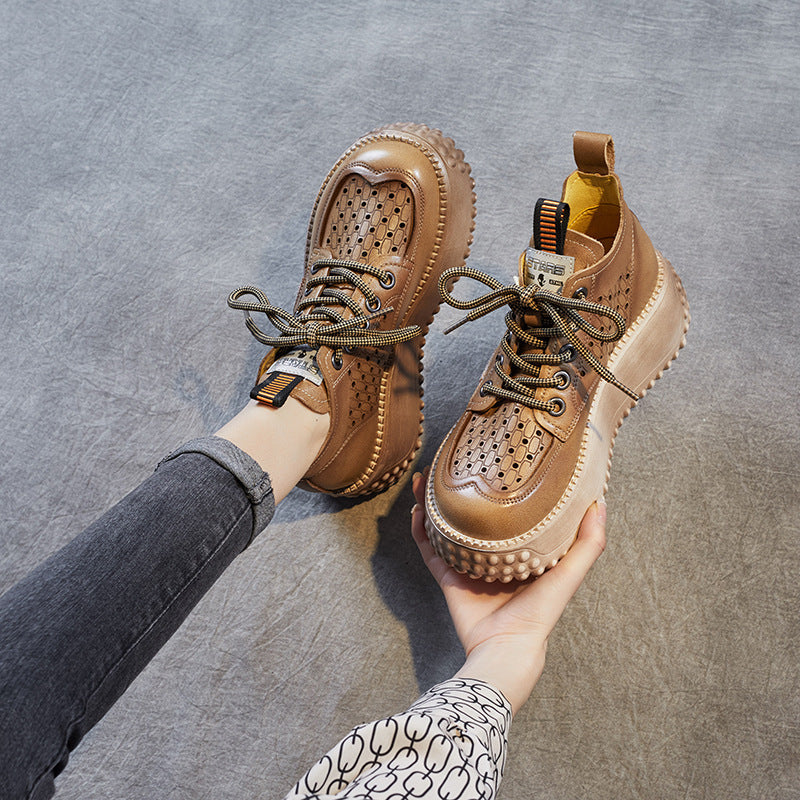 Sandalias de cuña con cordones y plataforma hueca, de piel auténtica, con punta redonda, informales, para mujer