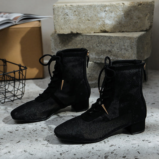 Lace-up Ankle Boots With Square Toe And Thick Heel Mesh