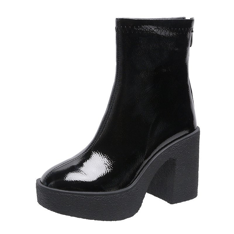 Women's Patent Leather Waterproof Platform Thick High Heel Back Zipper Short Boots