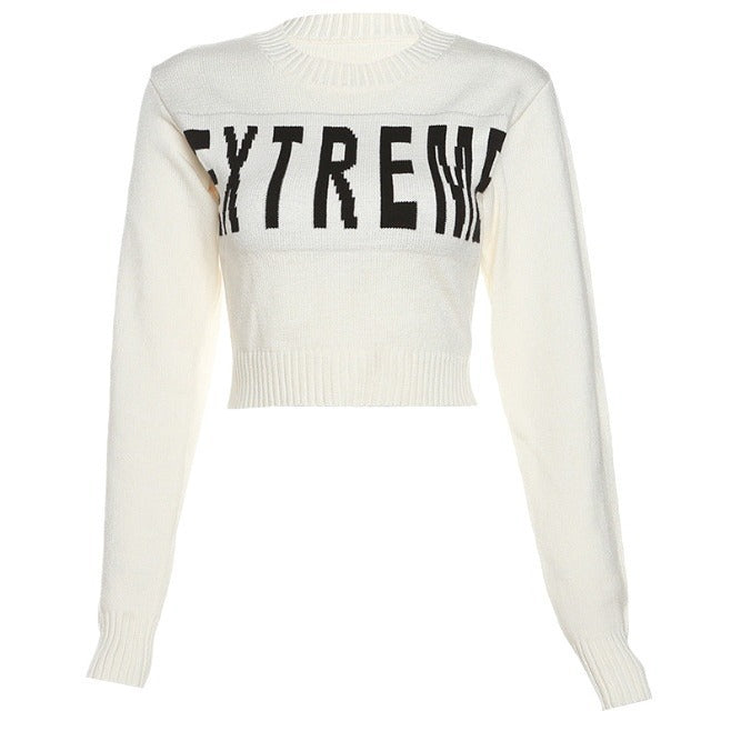 Letter Embroidered Sunken Stripe Knitted Top