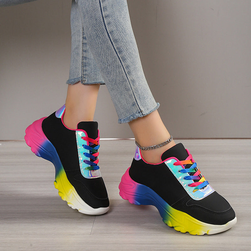 INS Style Rainbow Color Sports Shoes For Women Thick Bottom Lace-up Sneakers Fashion Casual Lightweight Running Walking Shoes