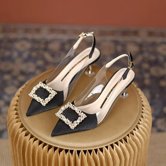 High Heel Sandals New Style Baotou One Word Buckle Pointed Thin Heel Rhinestone Sandals