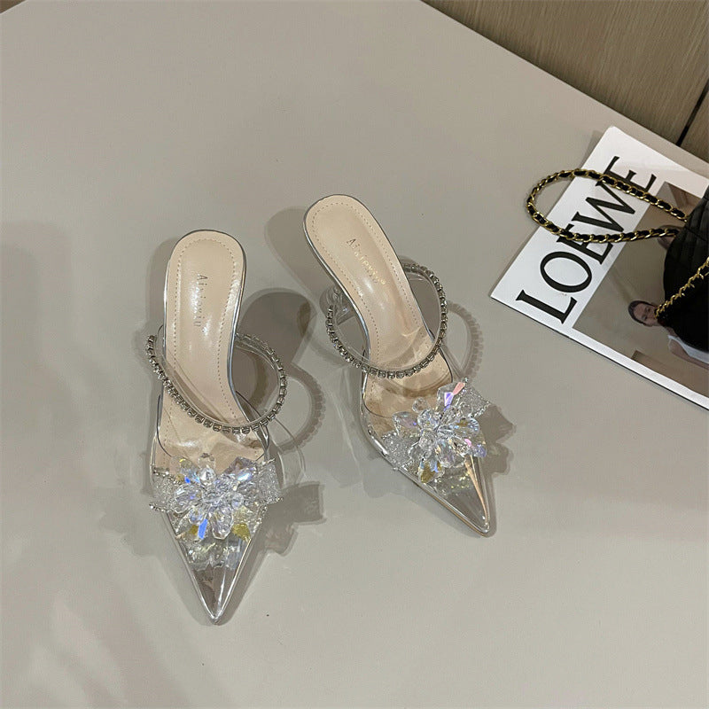 Transparent Female Baotou Shoes With Rhinestone Buckle