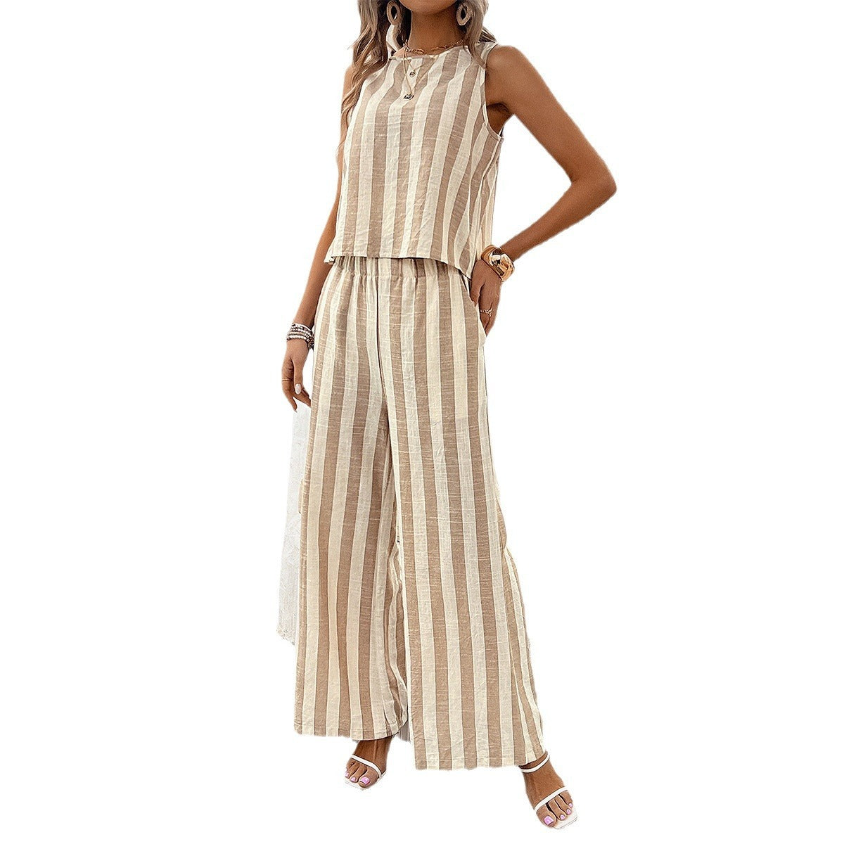 Women's Pullover Short Sleeve Temperament Leisure Striped Wide Leg Suit