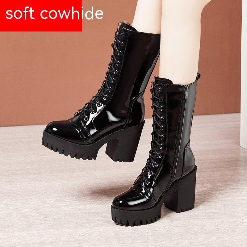 Leather High Heel Mid-calf Boots For Women Lace-up