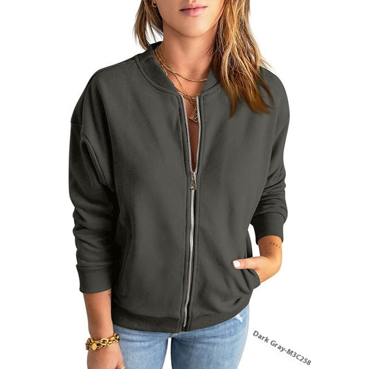 Women's Solid Color Zipper Jacket Coat Fashion Casual Cardigan Long Sleeve Stadiumjumper